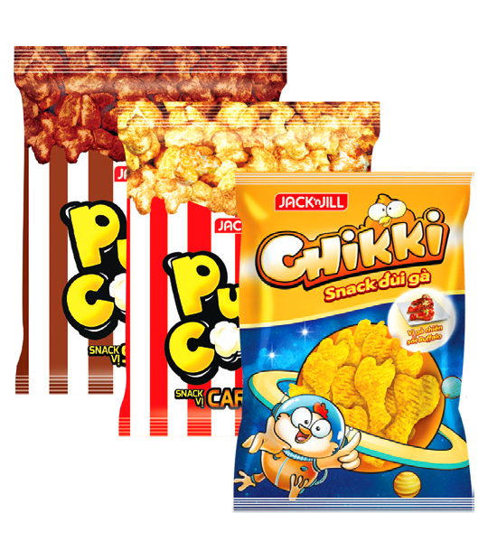 Snack Chikki đùi gà vị gà chiên Buffalo 38gr/ Puff Corn Chocola/ Caramel 45gr